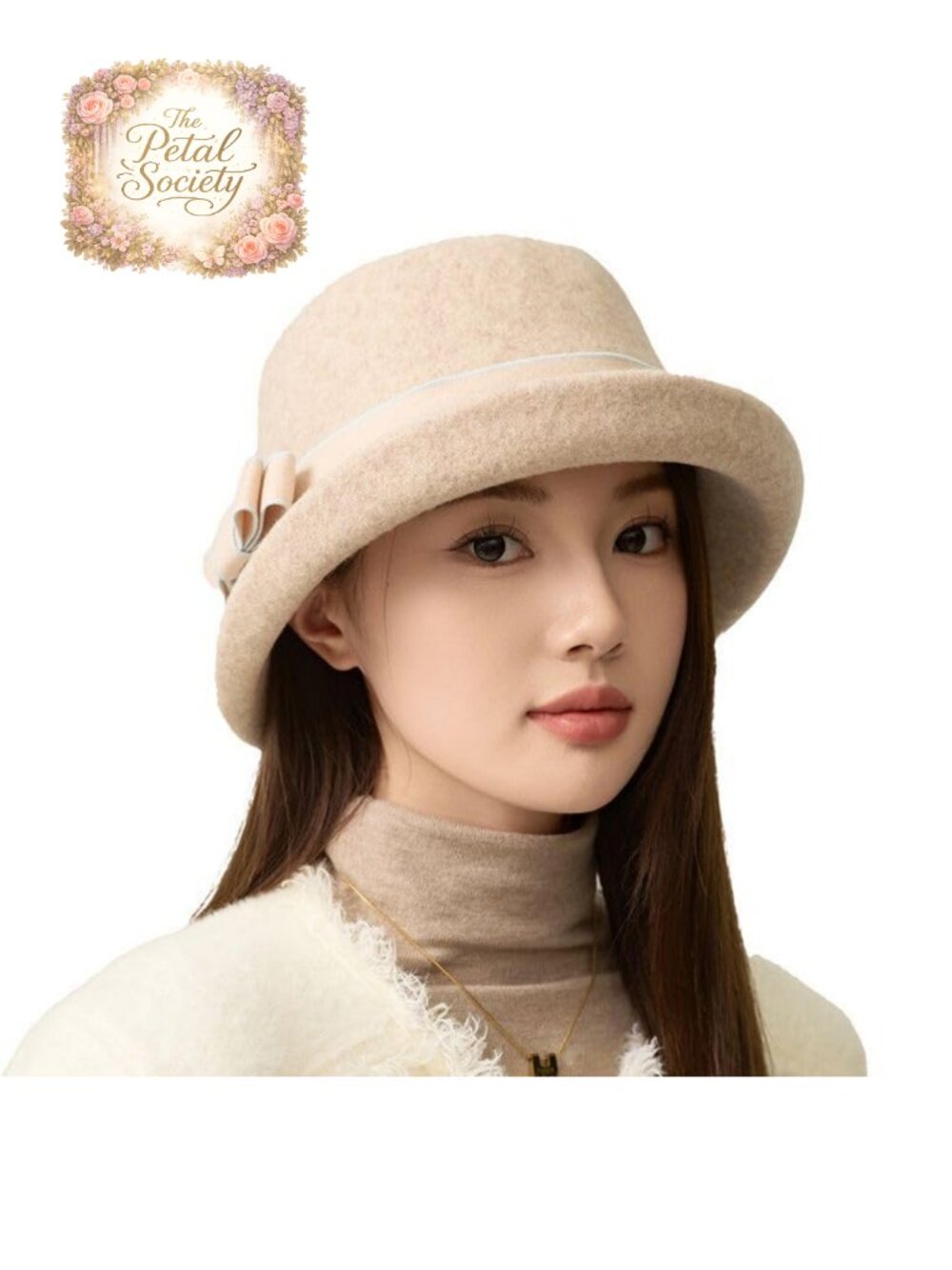 Women Vintage Felt Cloche Bucket Hat with Bow Adjustable One Size
